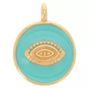 Pendentif rond motif oeil 18 mm - Résine époxy - Doré à l'or fin - Turquoise x1
