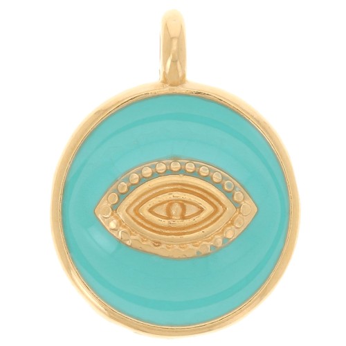 Pendentif rond motif oeil 18 mm - Résine époxy - Doré à l'or fin - Turquoise x1
