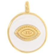 Pendentif rond motif oeil 18 mm - Résine époxy - Doré à l'or fin - Blanc x1