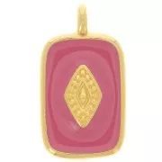 Pendentif rectangle  21x12mm avec résine époxy - Doré à l'or fin - Rose foncé x1