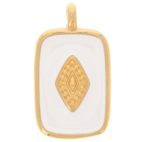 Pendentif rectangle 21x12mm avec résine époxy - Doré à l'or fin - Blanc x1