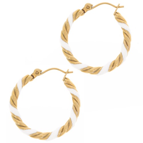 Créoles rondes torsadées 25 mm avec résine époxy - Acier inox 304L Doré - Blanc x2