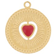 Breloque ronde 13mm - motif coeur avec résine époxy - Acier inox 304 Doré - Rouge