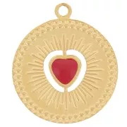 Breloque ronde 13mm - motif coeur avec résine époxy - Acier inox 304 Doré - Rouge