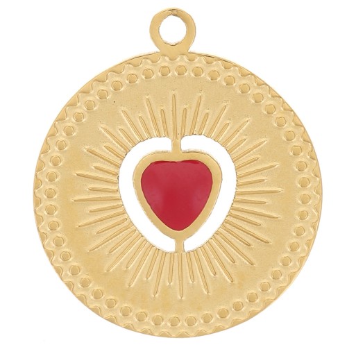 Breloque ronde 13mm - motif coeur avec résine époxy - Acier inox 304 Doré - Rouge