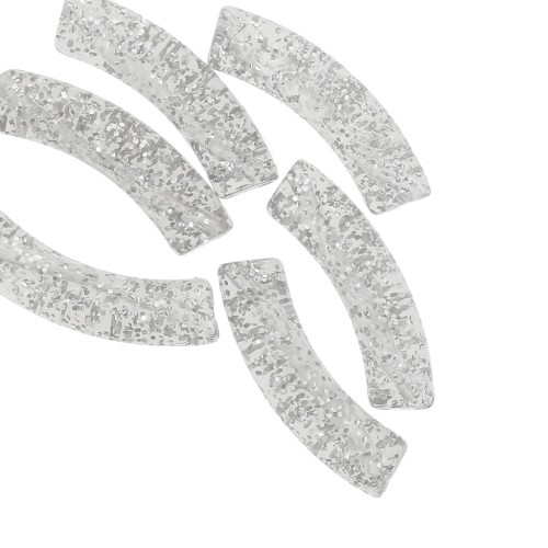 Perles tube incurvé en acrylique transparente 32x8 mm - Pailleté argenté x6