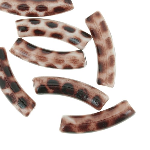 Perles tube incurvé 32x8 mm en acrylique opaque - Léopard beige - marron foncé x6