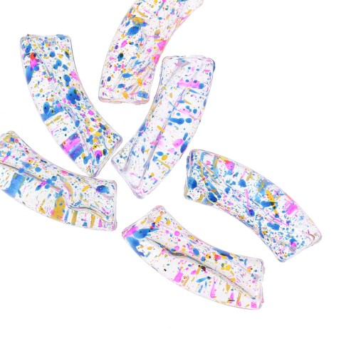 Perles tube incurvé en acrylique transparent 35x11mm - Tacheté Bleu - Jaune x6