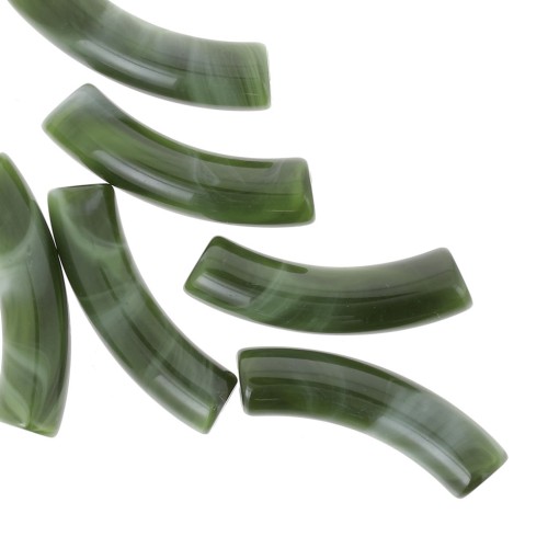 Perles tube incurvé en acrylique opaque 32x8 mm - Marbré Vert foncé x6