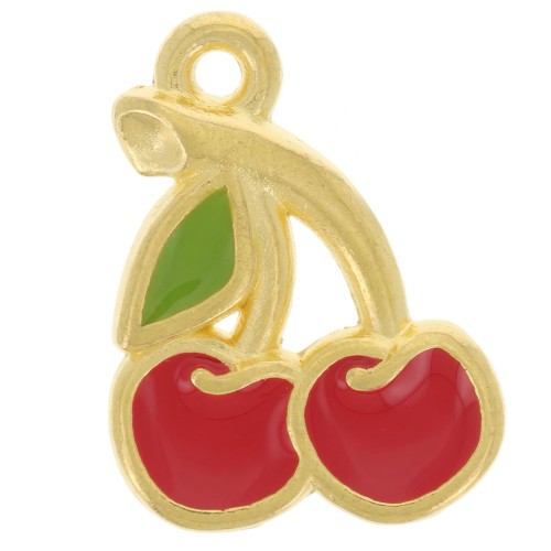Breloque cerise 18x13 mm avec résine époxy - Doré à l'or fin - Rouge x1