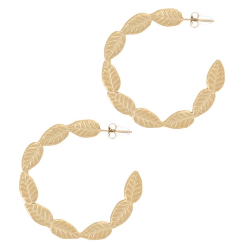 Créoles rondes avec des feuilles 43 mm - Acier inoxydable 304L Doré x2