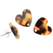 Clous d'oreilles coeur en acétate  14x15.5 mm - Ecaille de tortue - Marron Noir x2
