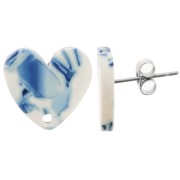 Clous d'oreilles coeur en acrylique 14x15.5 mm - Marbré Bleu - Blanc x2|raw }}