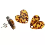Clous d'oreilles coeur en acétate 14x15.5 mm - Terrazzo Marron - Noir x2