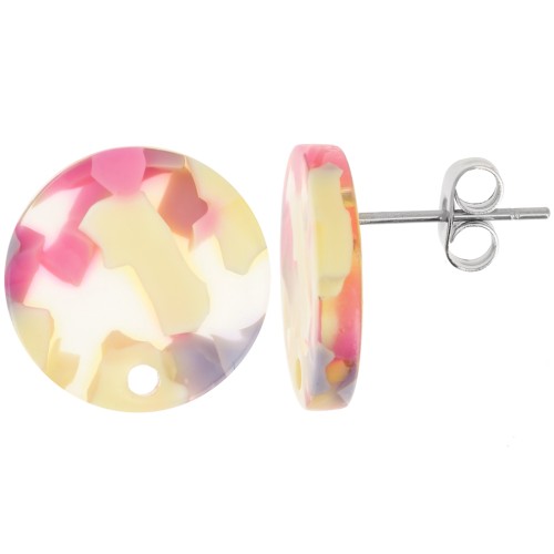 Clous d'oreilles ronds 15 mm en acétate - Terrazzo Vanille - Rose Pastel x2
