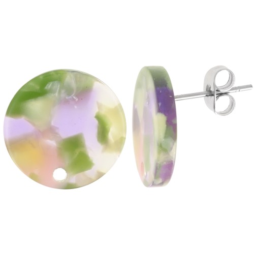 Clous d'oreilles ronds 15 mm en acétate - Ecaille de tortue - Vert Violet x2