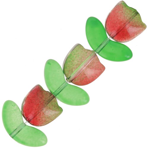 Set de 6 Perles Tulipe en verre - 14 mm - Fleur Rouge - Vert