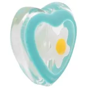 Perle coeur en verre avec motif fleur en résine époxy - 12 mm - Bleu x1