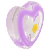 Perle coeur en verre avec motif fleur en résine époxy - 12 mm - Violet x1