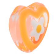 Perle coeur en verre avec motif fleur en résine époxy - 12 mm - Orange x1