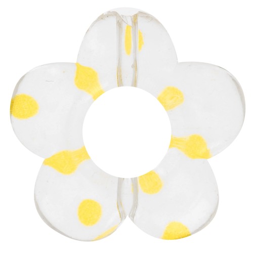 Perles fleurs en acrylique transparente 19 mm - Pois jaune x4