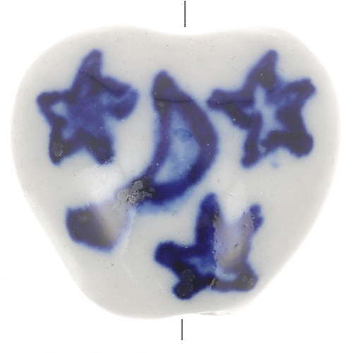 Perle coeur motif lune & étoiles en céramique 15x16.5 mm - Blanc - Bleu marine x1