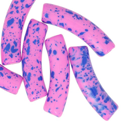 Perles tube incurvé 32x8 mm en acrylique opaque - Fuchsia Tacheté Bleu x6