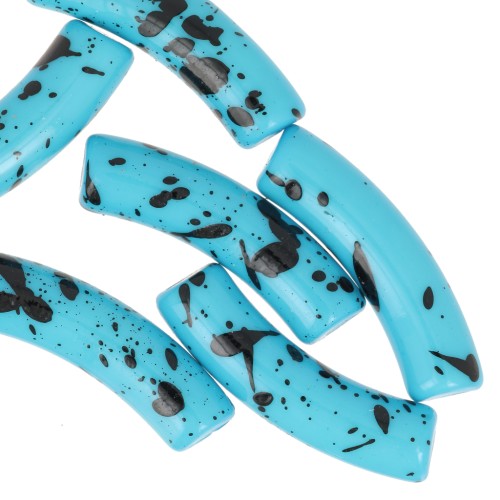 Perles tube incurvé 32x8 mm en acrylique opaque - Turquoise Tacheté Noir x6