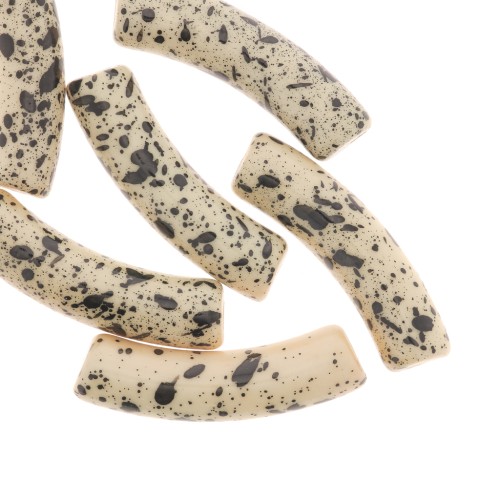 Perles tube incurvé 32x8 mm en acrylique opaque - Beige Tacheté Noir x6