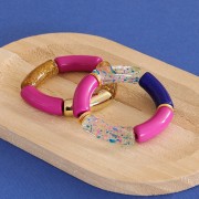 Perles tube incurvé en acrylique opaque 35x11mm Fuchsia Tacheté Doré x6