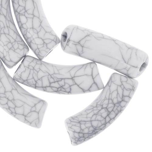 Perles tube incurvé en acrylique opaque 35x11mm effet craquelé - Blanc x6