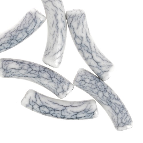 Perles tube incurvé en acrylique opaque 32x8 mm - effet craquelé - Blanc x6