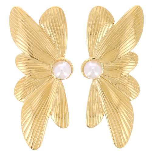 Boucles d'oreilles demi fleur 40x16mm cabochon nacré Acier inoxydable 304L Doré x2