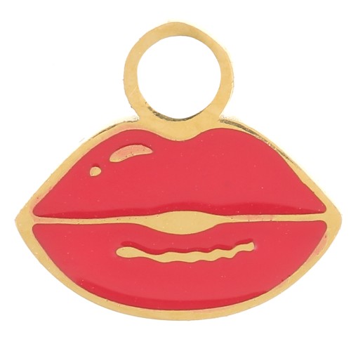 Breloque bouche 8x9 mm Resine époxy - Acier inoxydable 316L  Doré - Rouge x1