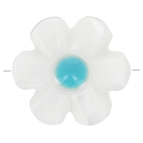 Perle fleur 12 mm en nacre - Blanc - Bleu x1