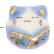 Perle chat chance - porte bonheur - en céramique 14 mm Bleu x1