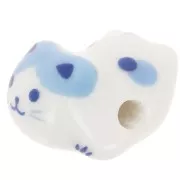 Perle chat en céramique 11x16 mm Blanc - Bleu x1