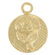 Breloque ronde 8 mm - motif fleur rose - Gold filled (or laminé) x1