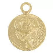 Breloque ronde 8 mm - motif fleur rose - Gold filled (or laminé) x1