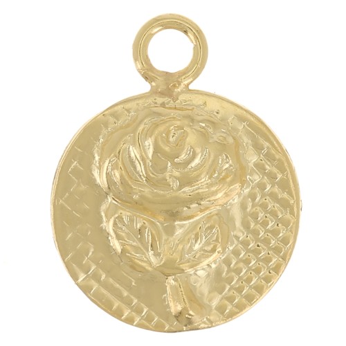 Breloque ronde 8 mm - motif fleur rose - Gold filled (or laminé) x1