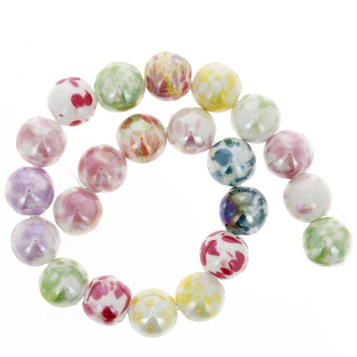 Perles rondes tachetées en céramique - 14 mm - Multicolore x 30cm