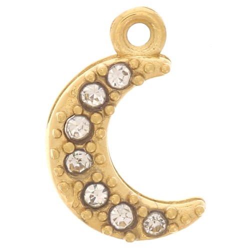Breloque lune 10x6 mm - oxydes de zirconium - Acier inoxydable 304L - Doré x1