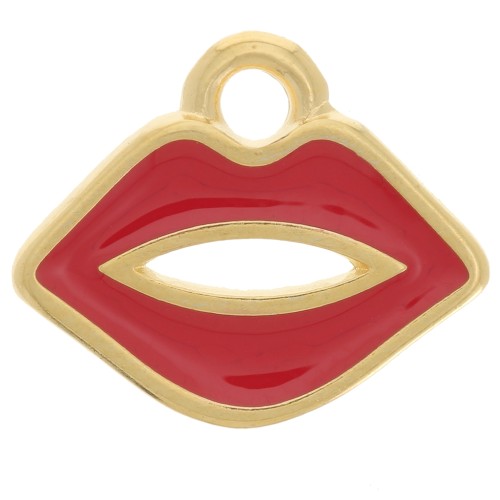 Breloque bouche 11x13 mm avec résine époxy - Doré à l'or fin - Rouge x1