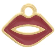 Breloque bouche 11x13 mm avec résine époxy - Doré à l'or fin - Rouge foncé x1