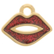 Breloque bouche 11x13 mm avec résine époxy - Doré à l'or fin - Rouge pailleté x1