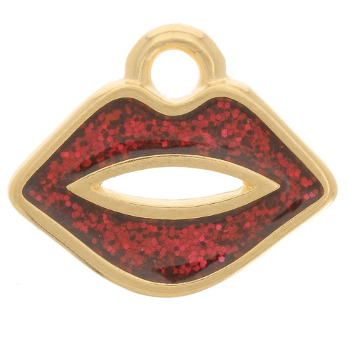 Breloque bouche 11x13 mm avec résine époxy - Doré à l'or fin - Rouge pailleté x1