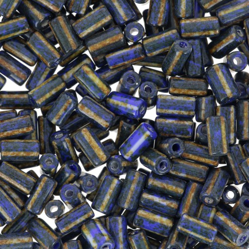 Perles tubes rayées - Preciosa Ornela Rola - 7x3.5 mm Bleu Travertin - Blanc x5g