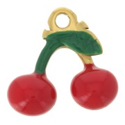 Breloque Cerise 11.5x12 mm - Resine époxy - Acier inoxydable 304 Doré - Rouge x1