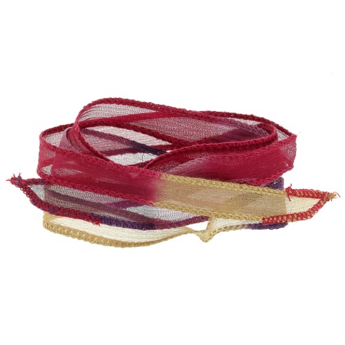 Ruban de soie 10 mm - Tie and dye - Bordeaux - Purple - Camel x85cm