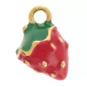 Breloque fraise 11x8 mm Resine époxy - Acier inoxydable 316L - Doré - Rouge x1